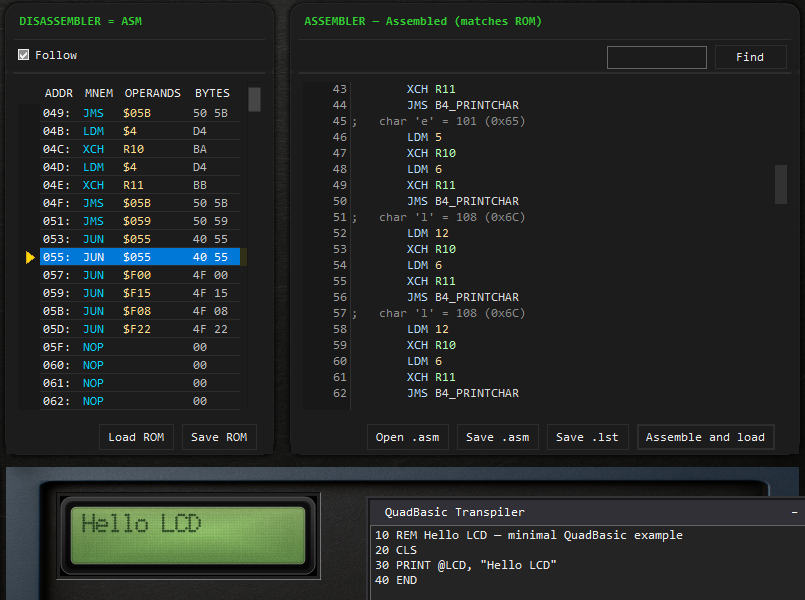 Quadium 4004 Workbench — emulated 16×2 LCD showing the text Hello LCD