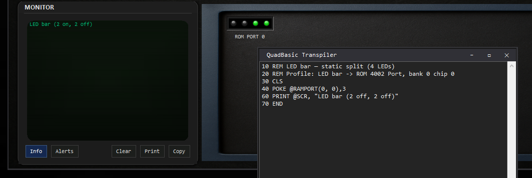 Quadium 4004 Workbench — four LED bar showing two lit and two unlit from one RAM port nibble