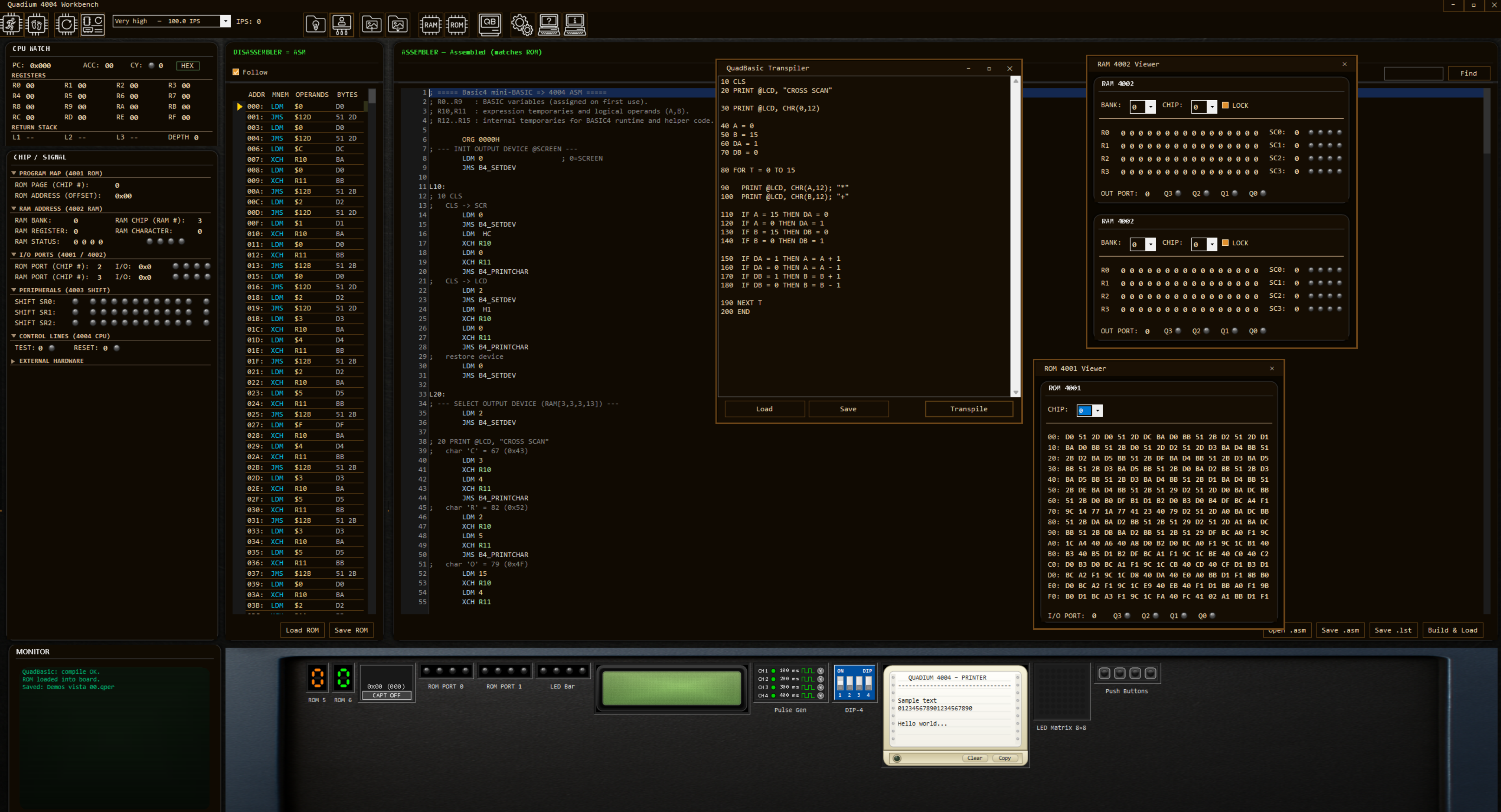 Quadium 4004 Workbench Emulator Interface — MCS-4 microcomputer laboratory and CPU simulation environment